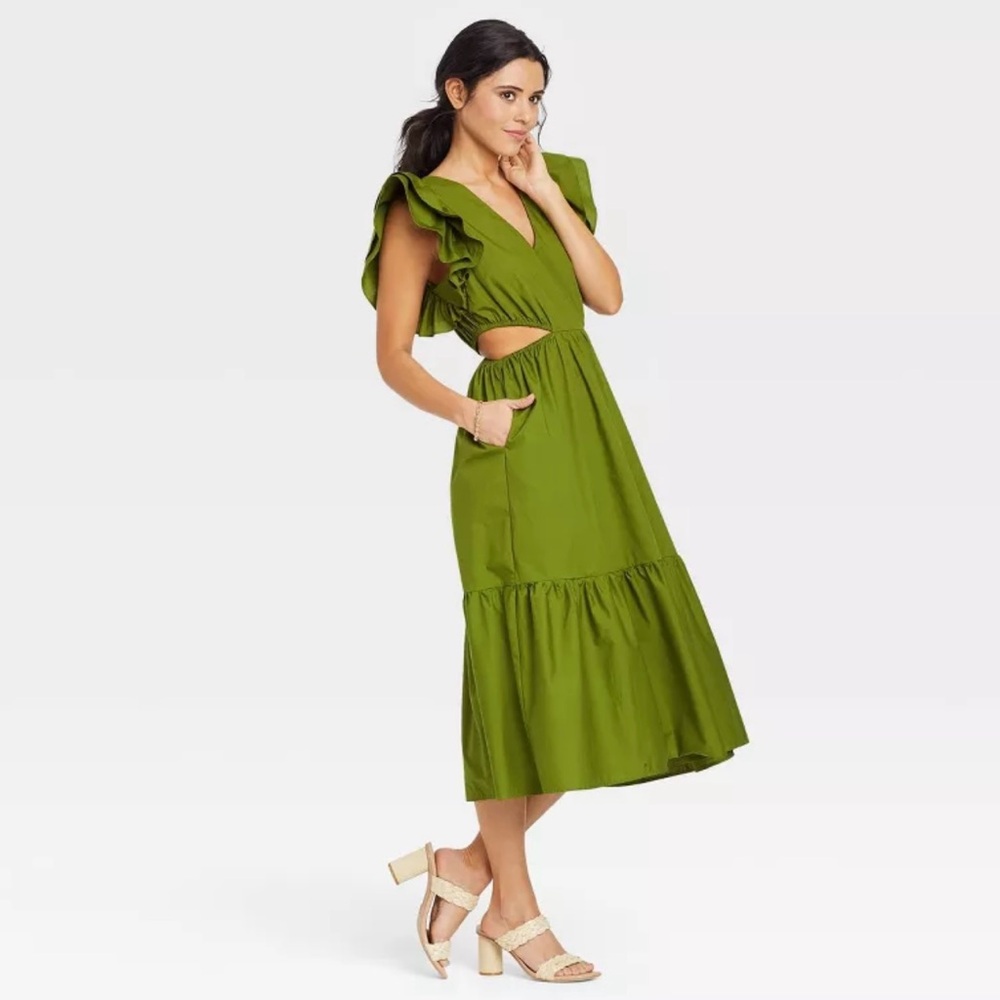 A New Day Olive Green Ruffle Sleeve Midi Dress